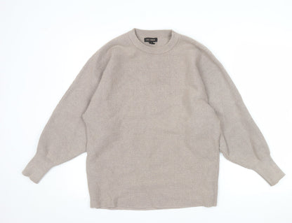 QED London Women's Beige Crew Neck Relaxed Fit Ribbed Knit Jumper S