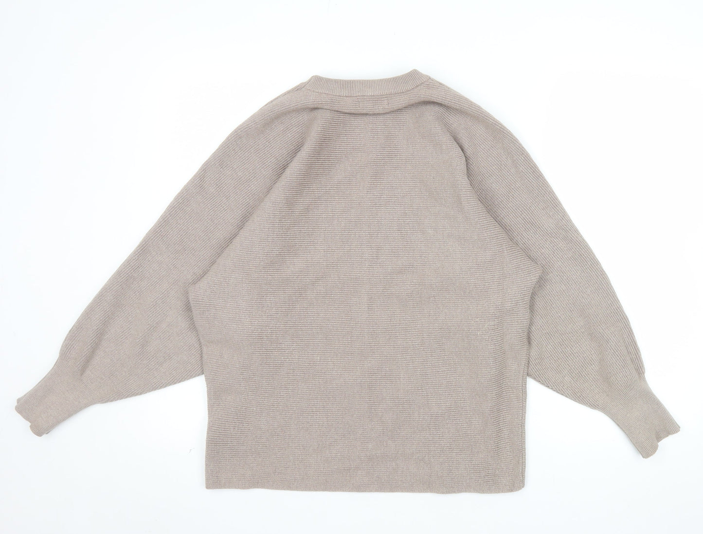 QED London Women's Beige Crew Neck Relaxed Fit Ribbed Knit Jumper S