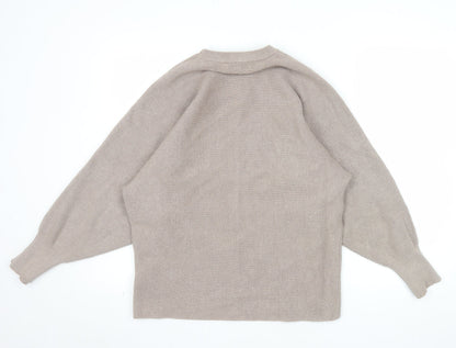 QED London Women's Beige Crew Neck Relaxed Fit Ribbed Knit Jumper S