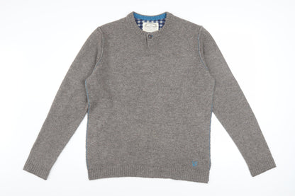 White Stuff Mens Grey Lambswool Henley Jumper Medium Classic Fit