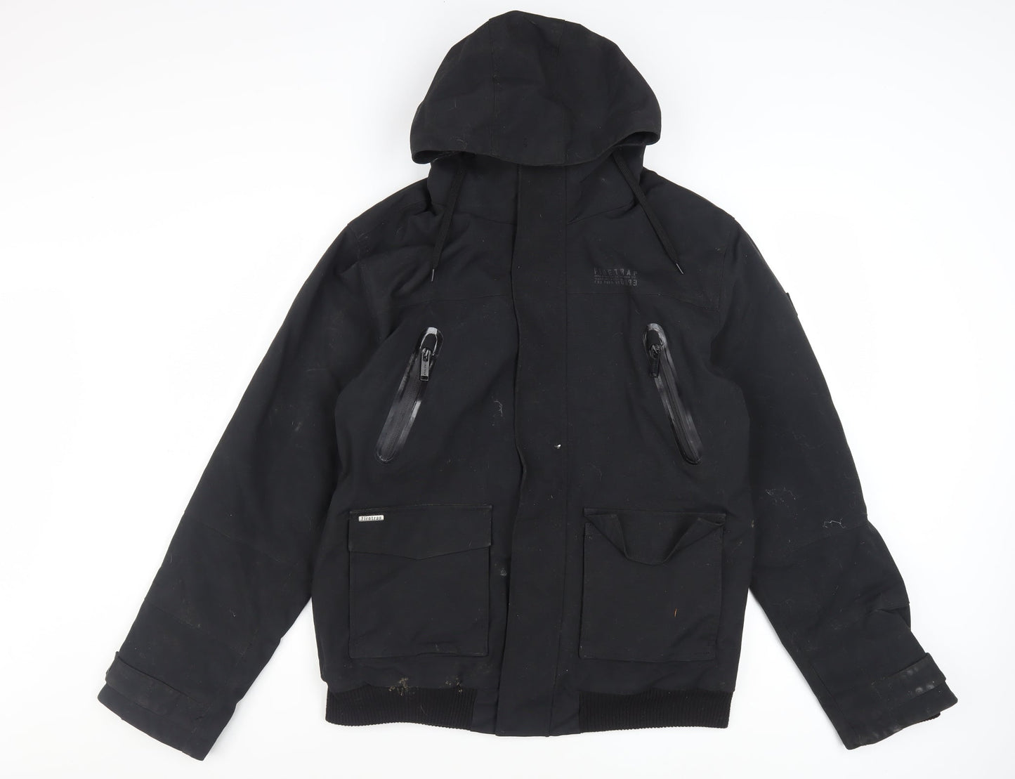 Firetrap Mens Black L Hooded Bomber Jacket Nylon Lined Winter