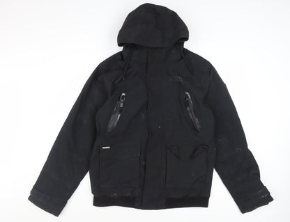 Firetrap Mens Black L Hooded Bomber Jacket Nylon Lined Winter