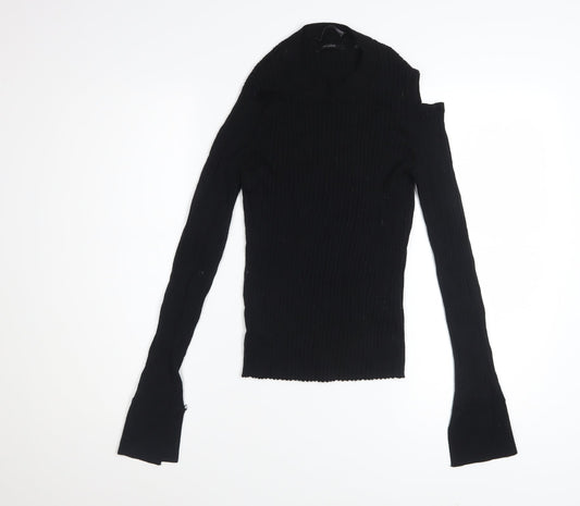 AllSaints Women’s Black High Neck Merino Wool Cold Shoulder Jumper Size L