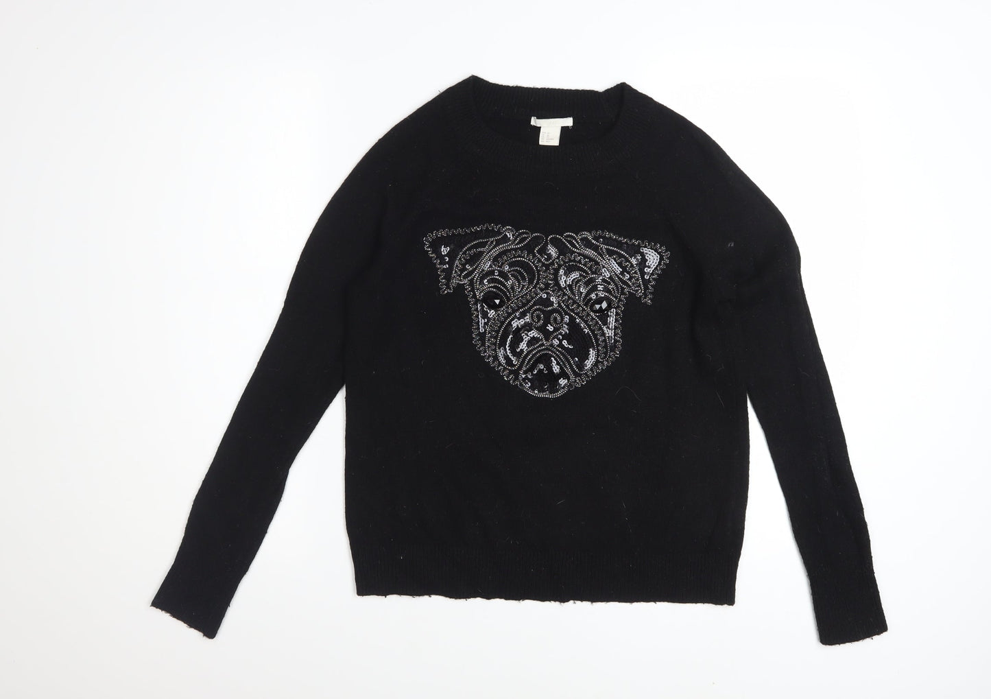 H&M Women's Black XS Sequin Dog Pullover Jumper