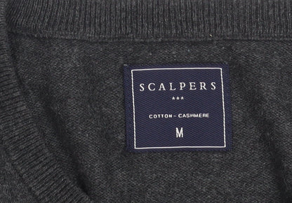 Scalpers Men's Grey V-Neck Cotton Cashmere Jumper Size M