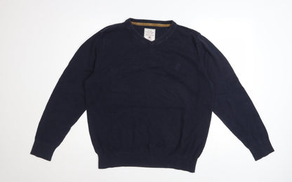 Fat Face Men Blue Cotton Cashmere V-Neck Jumper Size L Classic Fit