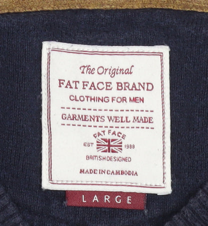 Fat Face Men Blue Cotton Cashmere V-Neck Jumper Size L Classic Fit