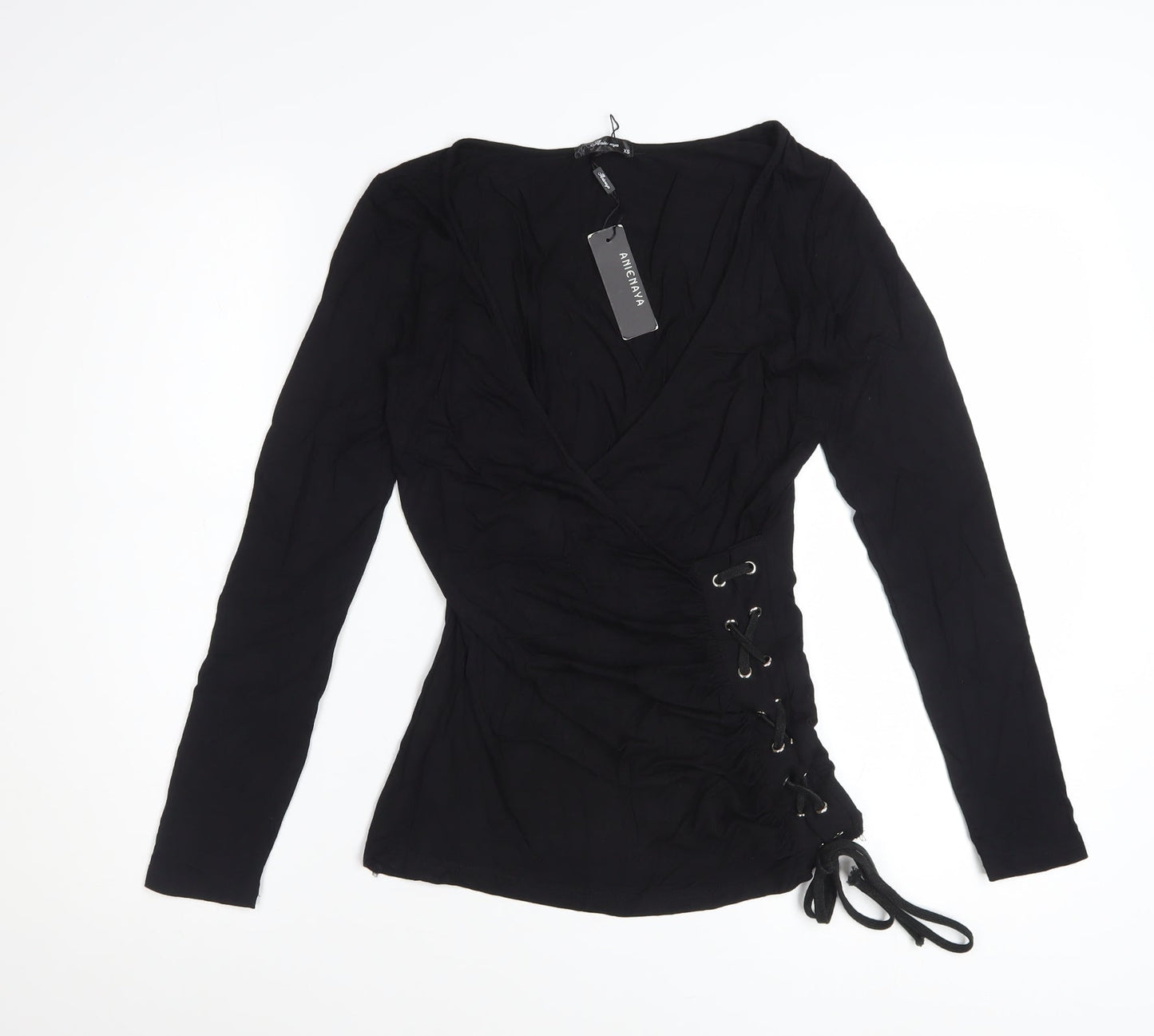 Anienaya Womens Black Wrap Long Sleeve Slim Fit Blouse XS