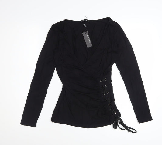 Anienaya Womens Black Wrap Long Sleeve Slim Fit Blouse XS
