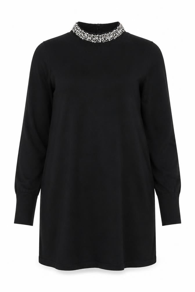Warehouse Women's Black Beaded Neck Long Sleeve Shift Dress Size 14