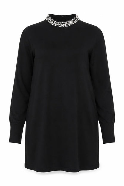 Warehouse Women's Black Beaded Neck Long Sleeve Shift Dress Size 14