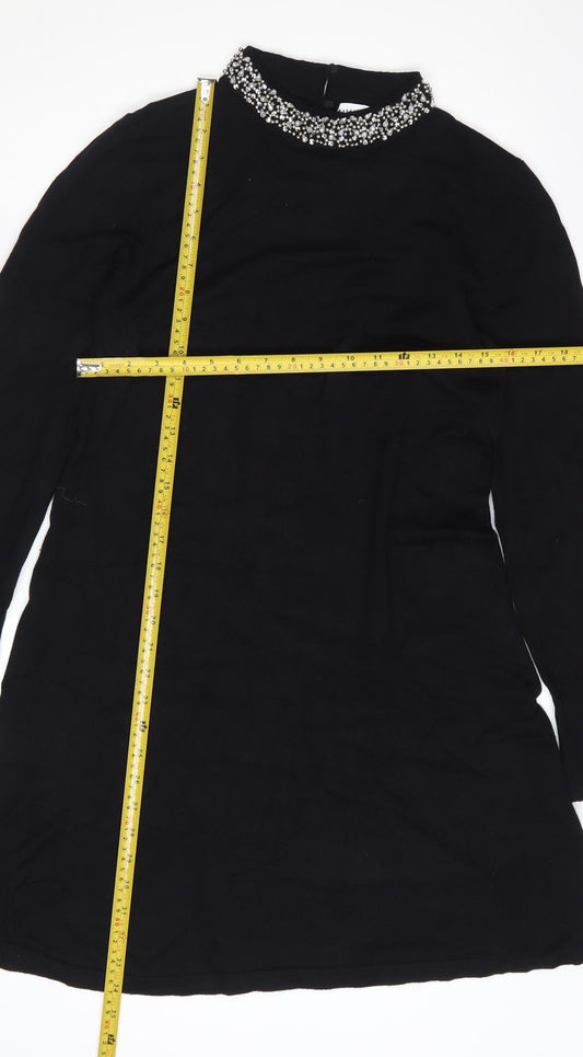 Warehouse Women's Black Beaded Neck Long Sleeve Shift Dress Size 14