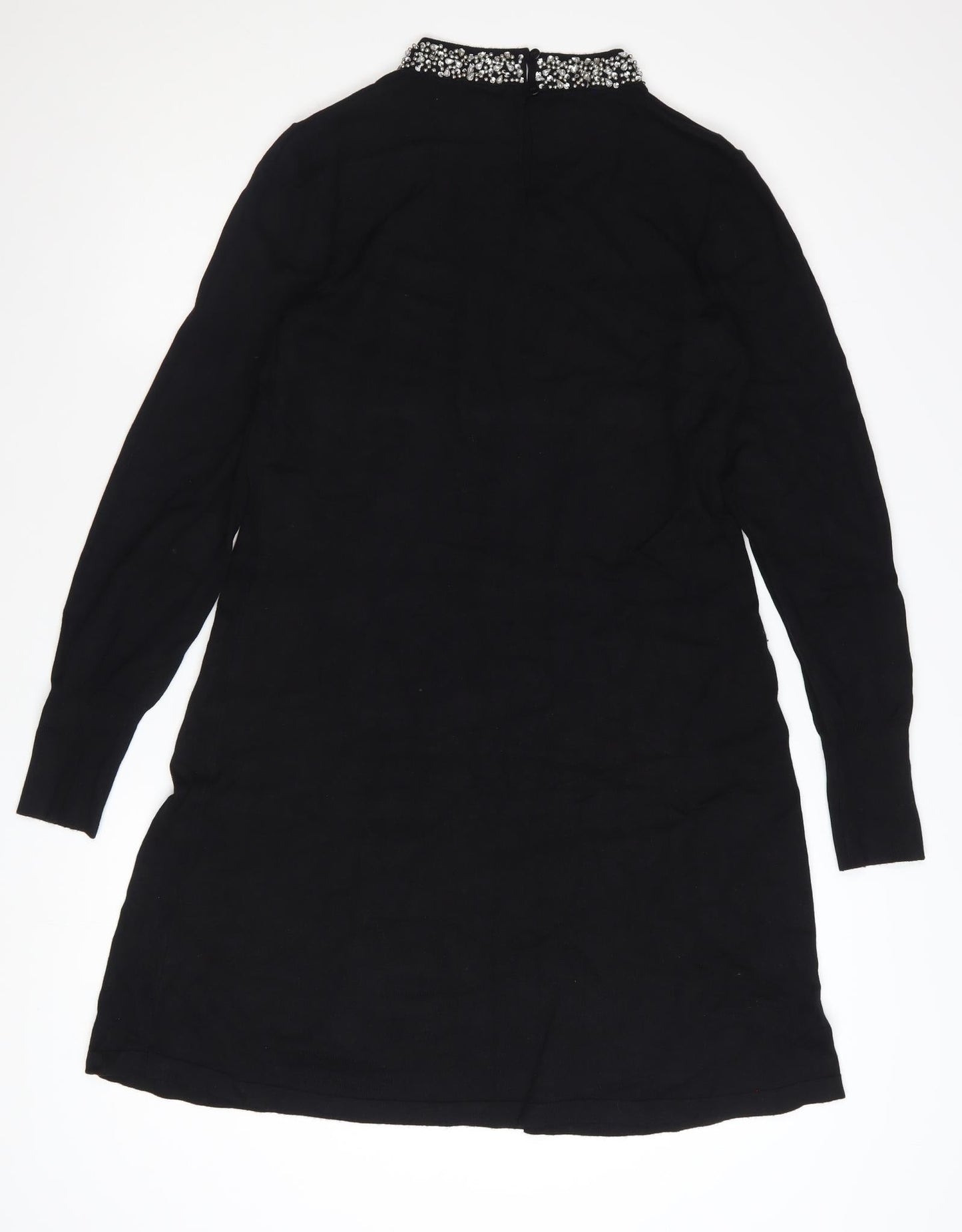Warehouse Women's Black Beaded Neck Long Sleeve Shift Dress Size 14