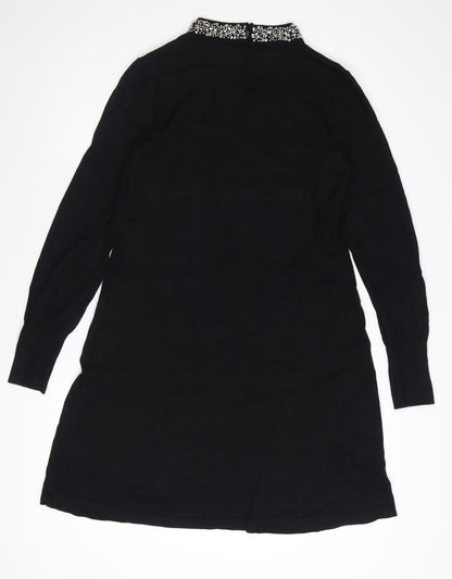 Warehouse Women's Black Beaded Neck Long Sleeve Shift Dress Size 14