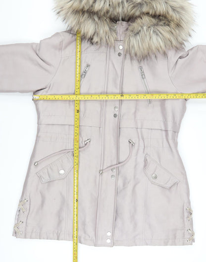 Lipsy Women’s Beige Faux Fur Hooded Parka Coat Size 14