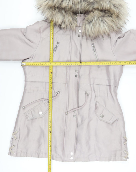 Lipsy Women’s Beige Faux Fur Hooded Parka Coat Size 14