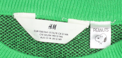 H&M Girls Green Peanuts Snoopy Pullover Jumper 12-14 Years Acrylic Knit