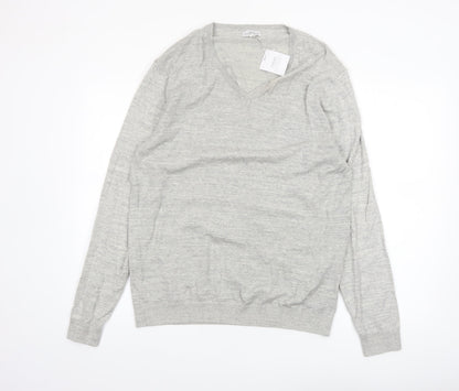 Next Men's Grey Cotton V-Neck Jumper Size L Lightweight Knit
