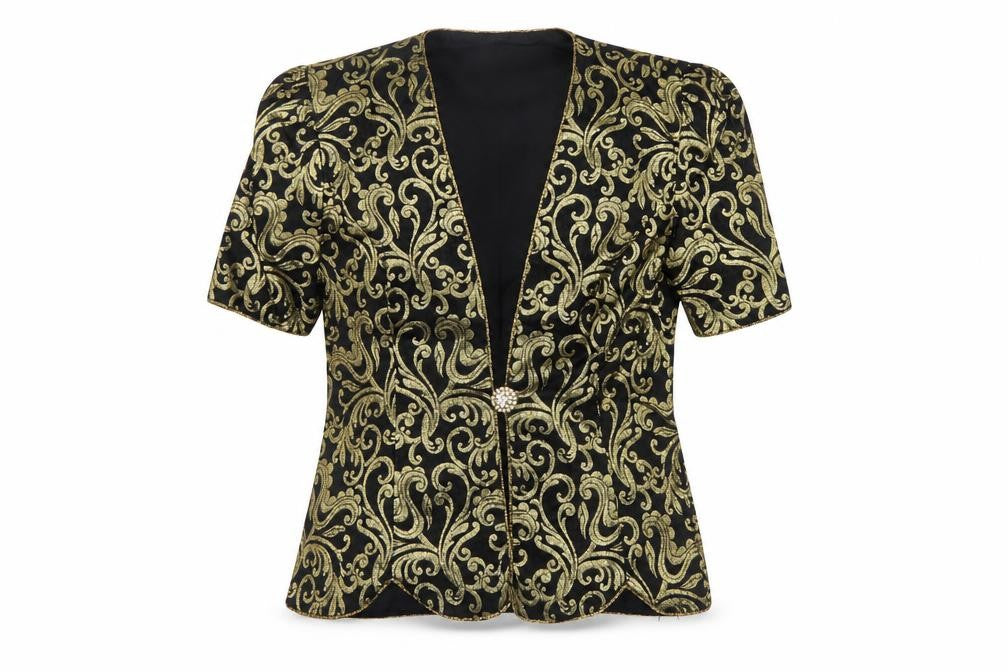 Front view of Karen Miller Women’s Black Gold Brocade Short Sleeve Tuxedo Blazer, size UK 8