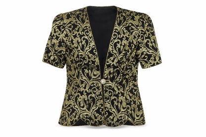 Front view of Karen Miller Women’s Black Gold Brocade Short Sleeve Tuxedo Blazer, size UK 8