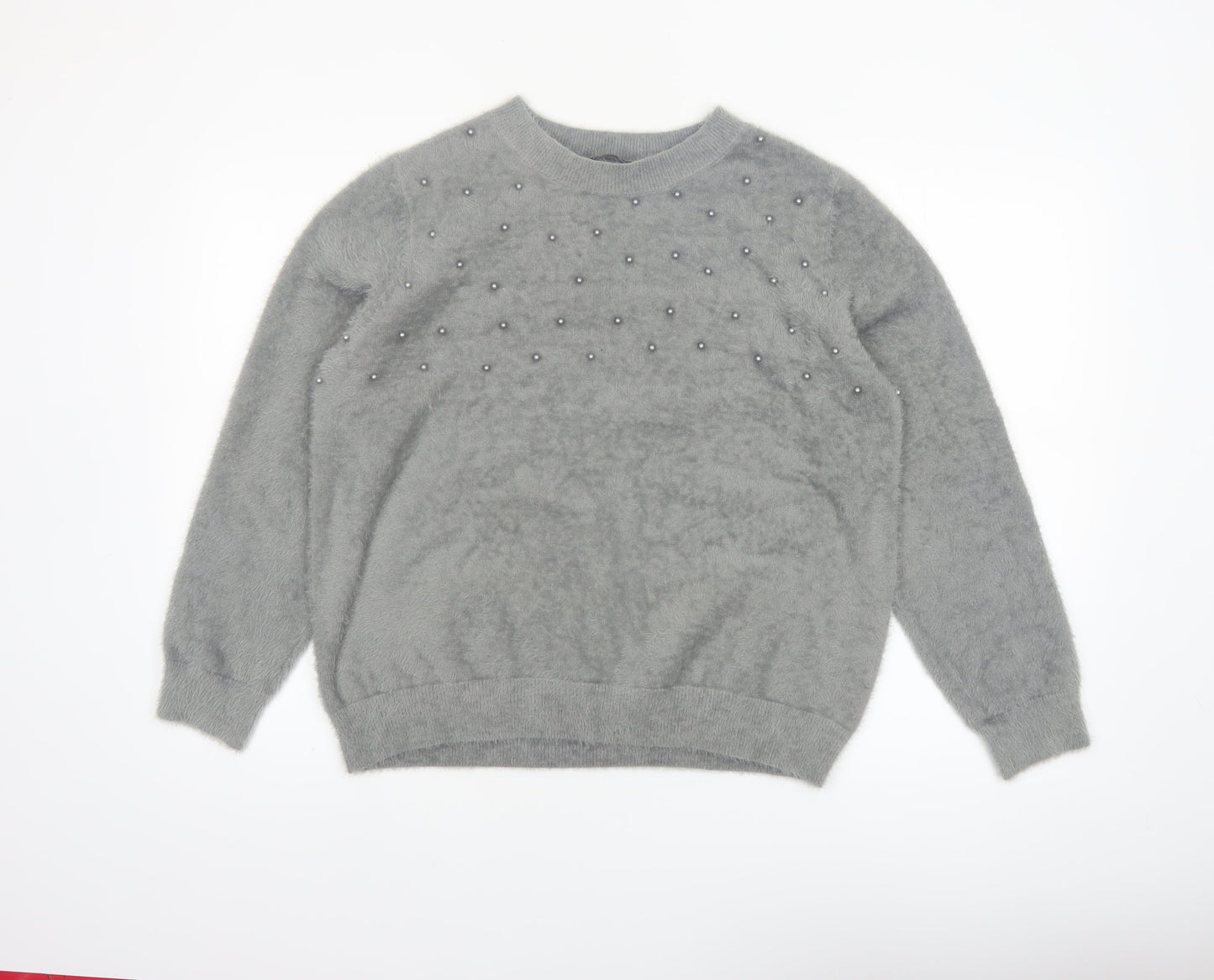 Klass Women's Grey Beaded Crew Neck Pullover Jumper Size L