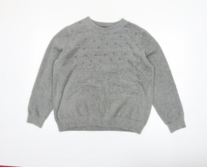 Klass Women's Grey Beaded Crew Neck Pullover Jumper Size L