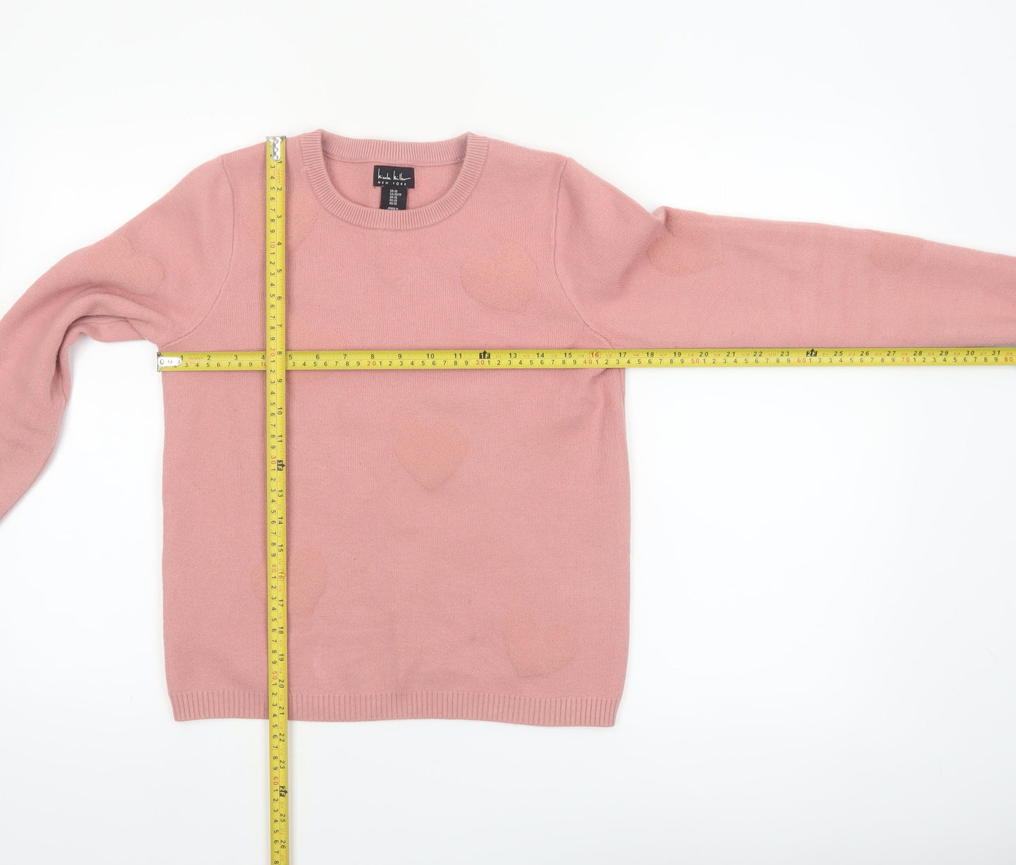 Nicole Miller Women's Pink Heart Knit Crew Neck Jumper XS