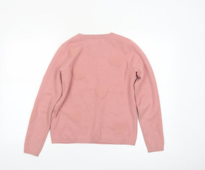 Nicole Miller Women's Pink Heart Knit Crew Neck Jumper XS