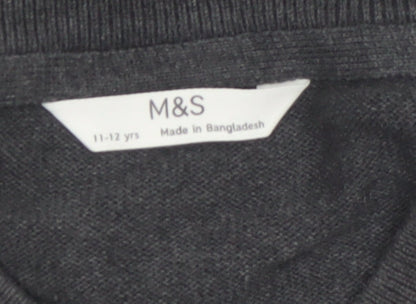 Marks and Spencer Boys Grey 11-12 Years V-Neck Cotton Jumper
