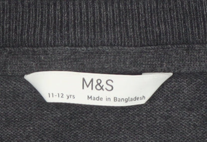 Marks and Spencer Boys Charcoal V-Neck Cotton Jumper 11-12 Years