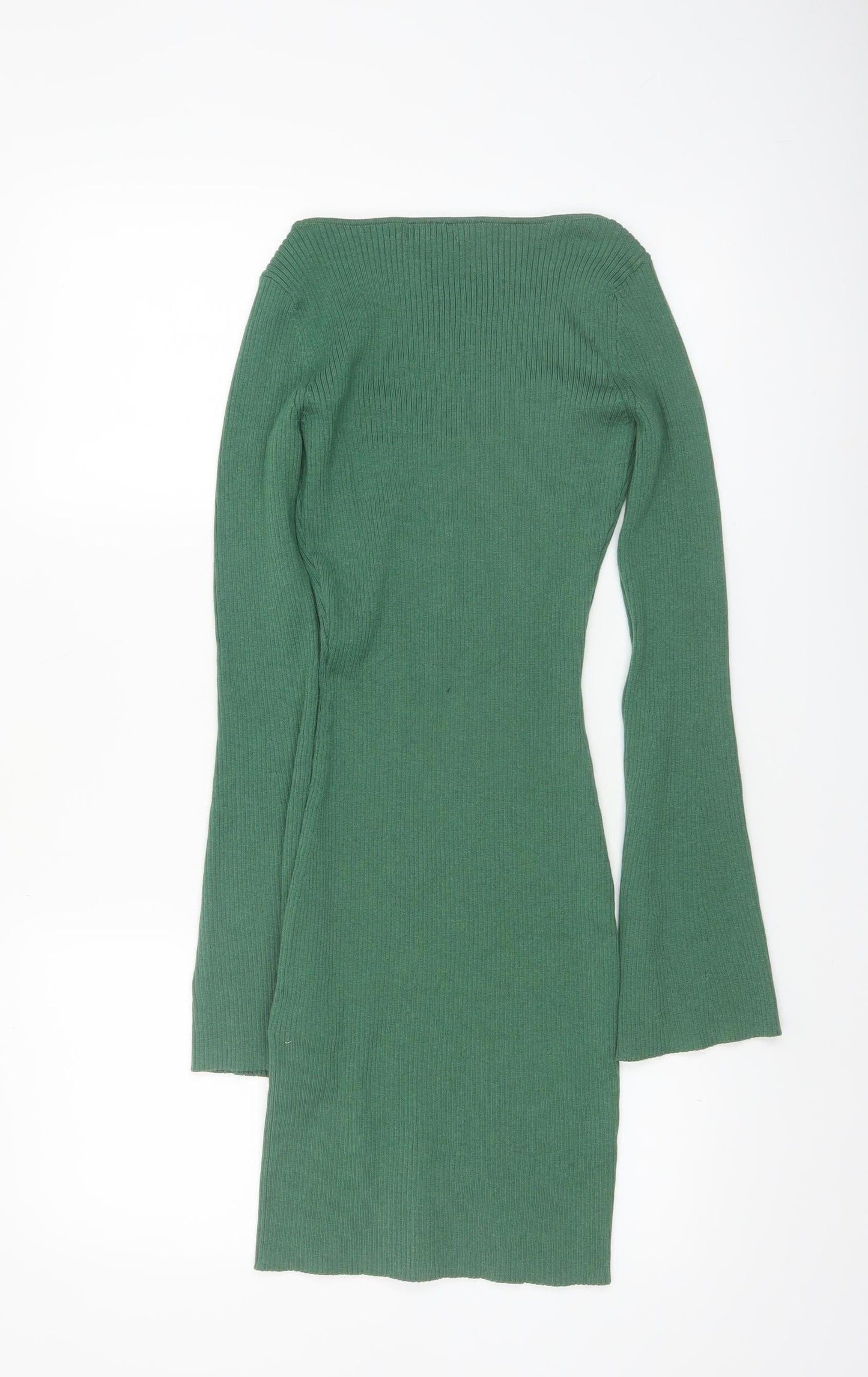 H&M Women’s Green Ribbed Knit Bodycon Dress XS Long Sleeve