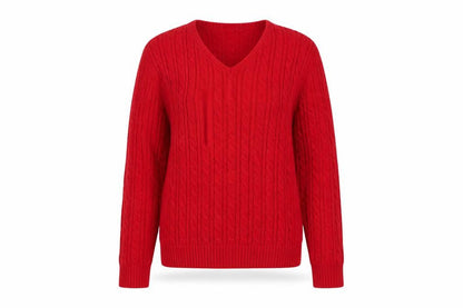Chic Womens Red Cable-Knit V-Neck Pullover Jumper M/L