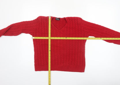 Chic Womens Red Cable-Knit V-Neck Pullover Jumper M/L