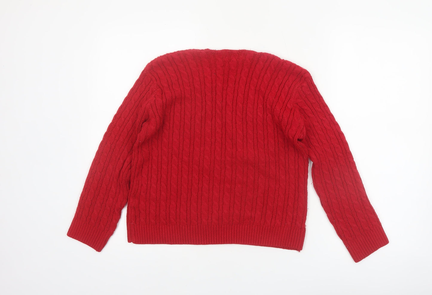 Chic Womens Red Cable-Knit V-Neck Pullover Jumper M/L