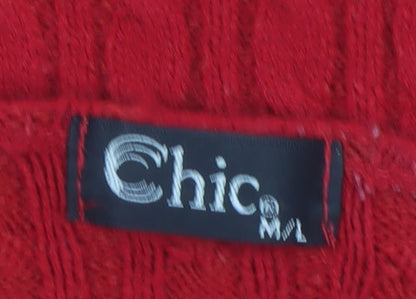 Chic Womens Red Cable-Knit V-Neck Pullover Jumper M/L