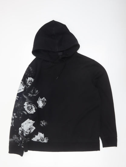 H&M Women’s Black Floral Print Pullover Hoodie Size L
