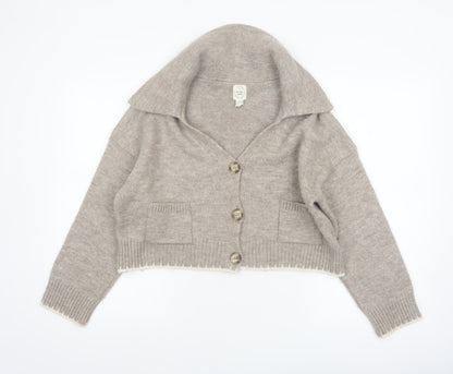 River Island Women Beige Collared Cardigan XS Acrylic Blend