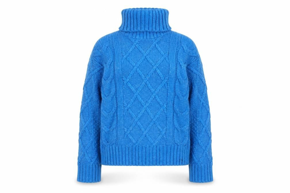 Marks and Spencer Per Una Women's Blue Roll Neck Cable-Knit Jumper L