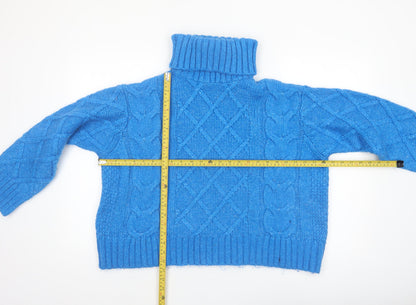 Marks and Spencer Per Una Women's Blue Roll Neck Cable-Knit Jumper L