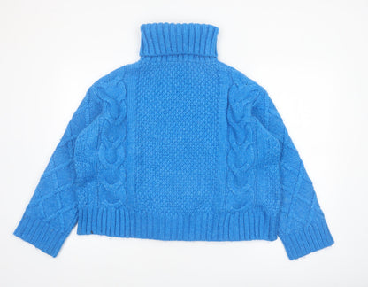 Marks and Spencer Per Una Women's Blue Roll Neck Cable-Knit Jumper L