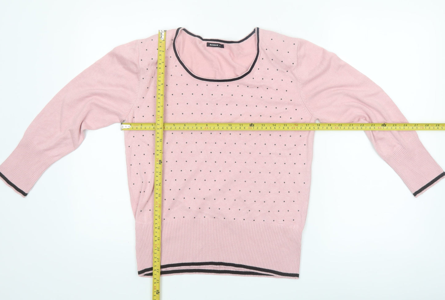 Roman Women Pink Polka Dot Scoop Neck Long Sleeve Jumper Size 14