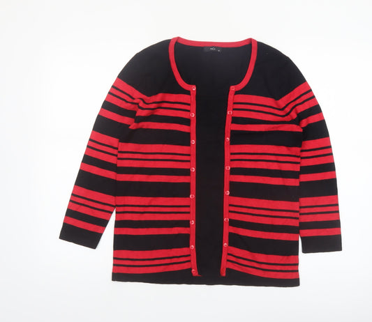 M&Co Women Red Black Striped Long Sleeve Knit Cardigan Size 12