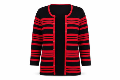 M&Co Women Red Black Striped Long Sleeve Knit Cardigan Size 12