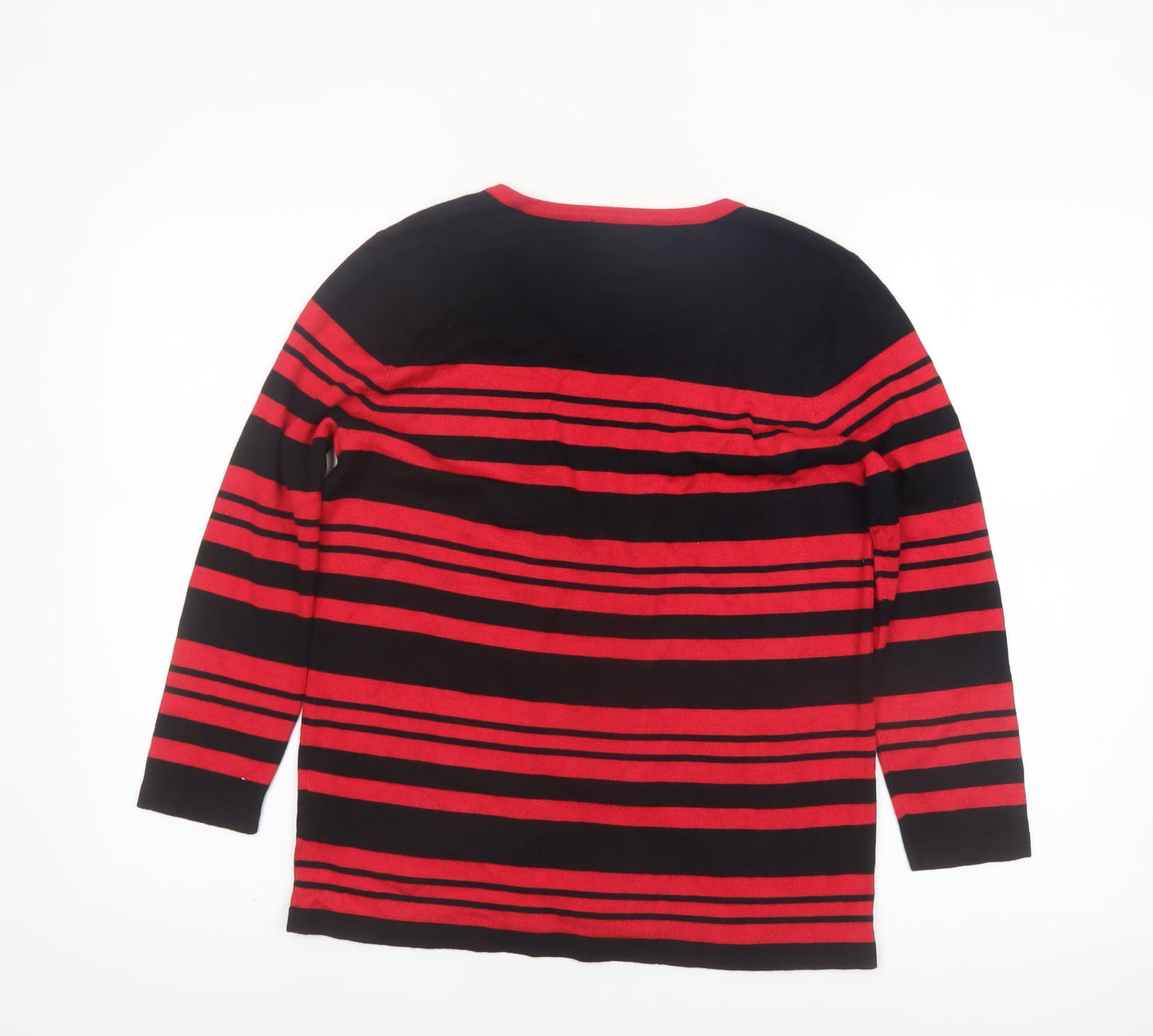 M&Co Women Red Black Striped Long Sleeve Knit Cardigan Size 12