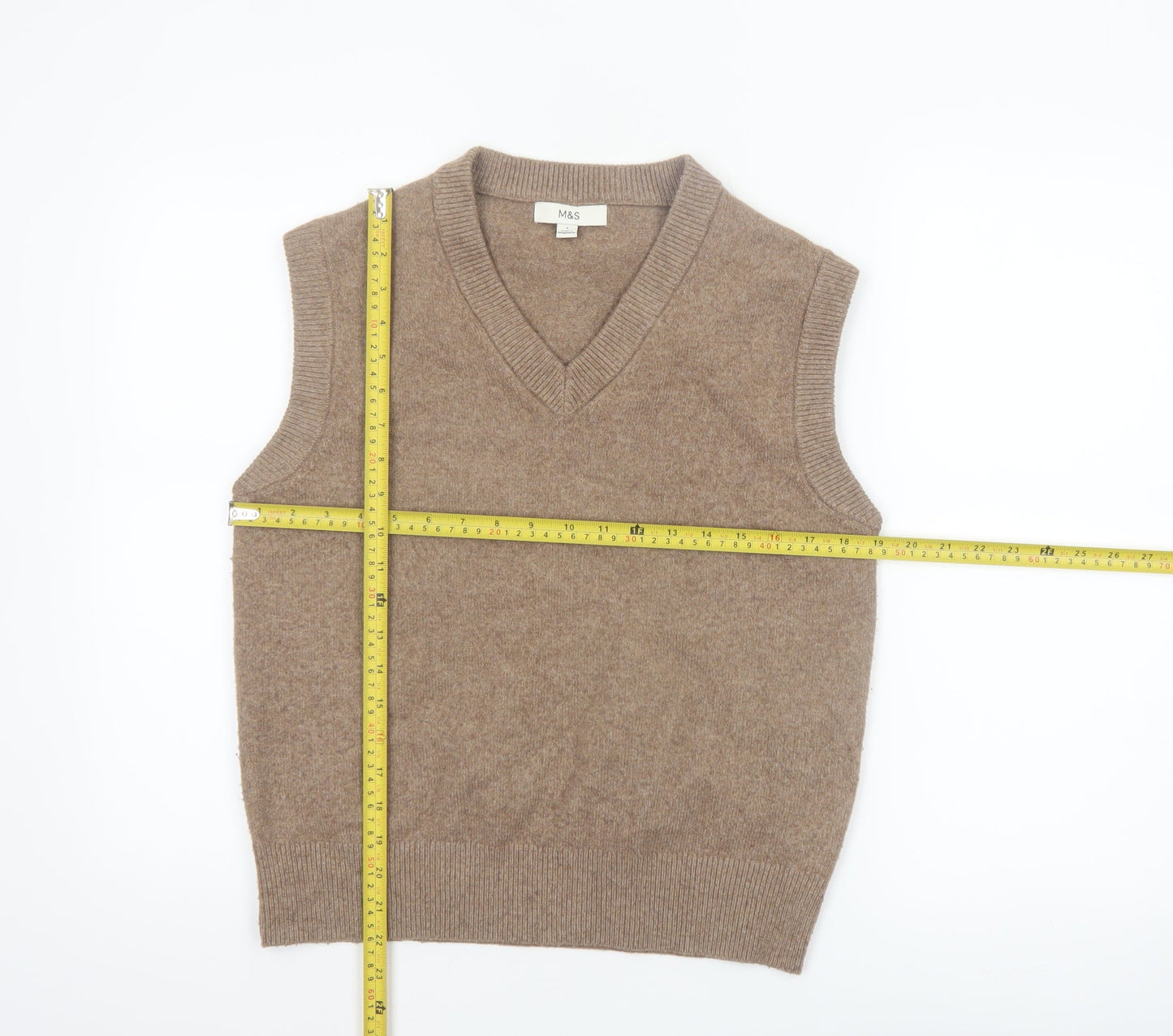 Marks and Spencer Women Beige V-Neck Knit Sleeveless Vest Jumper Size S