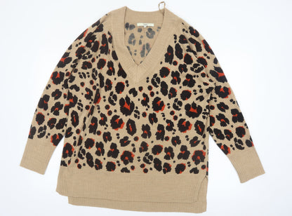 Next Women's Beige Leopard Print V-Neck Acrylic Jumper L
