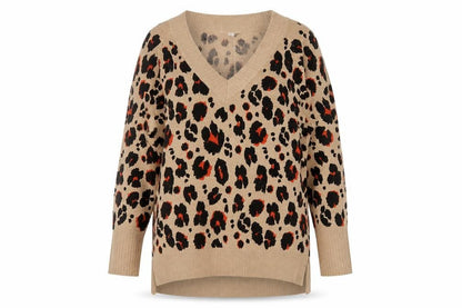 Next Women's Beige Leopard Print V-Neck Acrylic Jumper L