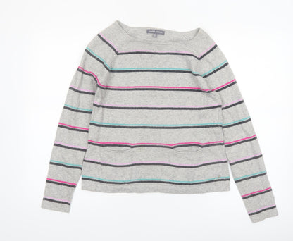 Laura Ashley Women’s Grey Striped Boat Neck Cotton Blend Jumper UK 8