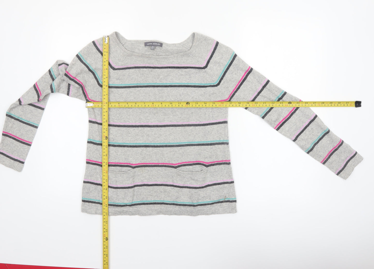 Laura Ashley Women’s Grey Striped Boat Neck Cotton Blend Jumper UK 8