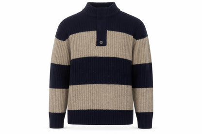 Wolsey Men’s Beige & Navy Lambswool Striped Mock Neck Jumper Size L
